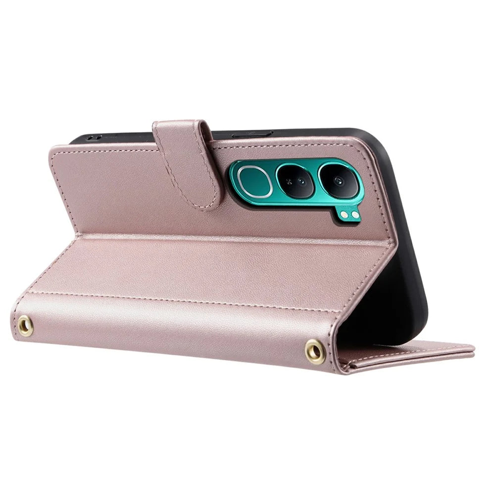 Wallet Case For vivo Y300 5G  /  Y300 (Indonesia) 5G  /   V40 Lite (Indonesia) 5G  /  4G Rhombus Grid PU Leather Phone Cover - Rose Gold - 3