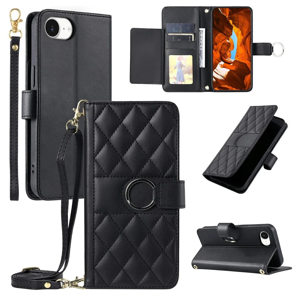 For iPhone 17e / 16e Crossbody Leather Case Ring Buckle Wallet Stand Rhombus Mobile Cover - Black - 1
