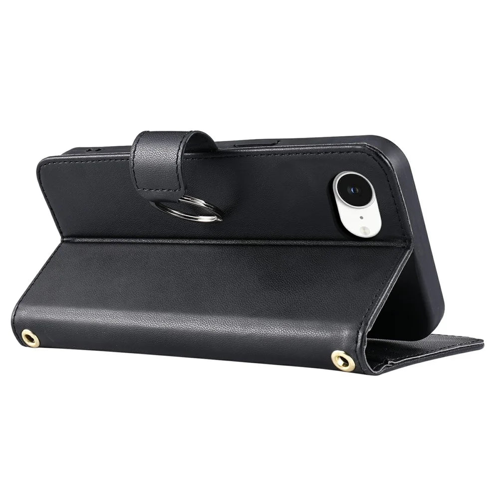 For iPhone 17e / 16e Crossbody Leather Case Ring Buckle Wallet Stand Rhombus Mobile Cover - Black - 4