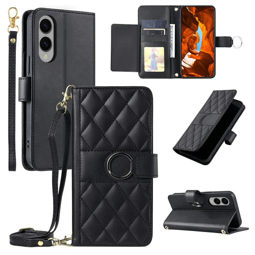 For Samsung Galaxy S25 Edge Crossbody Leather Case Ring Buckle Wallet Stand Rhombus Mobile Cover - Black - 1