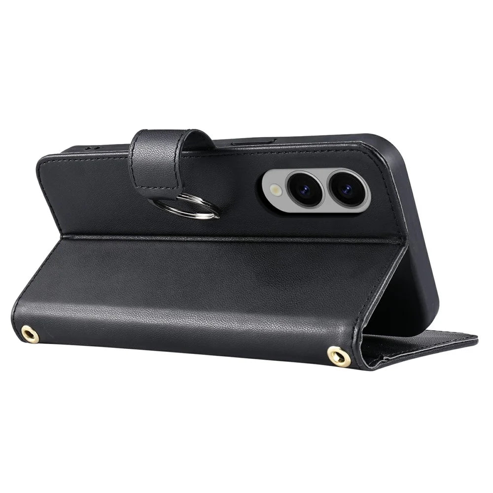 For Samsung Galaxy S25 Edge Crossbody Leather Case Ring Buckle Wallet Stand Rhombus Mobile Cover - Black - 4