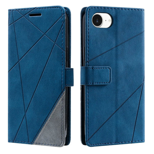 For iPhone 17e / 16e Case Imprinted Lines PU Leather Splicing Wallet Phone Cover - Blue - 1