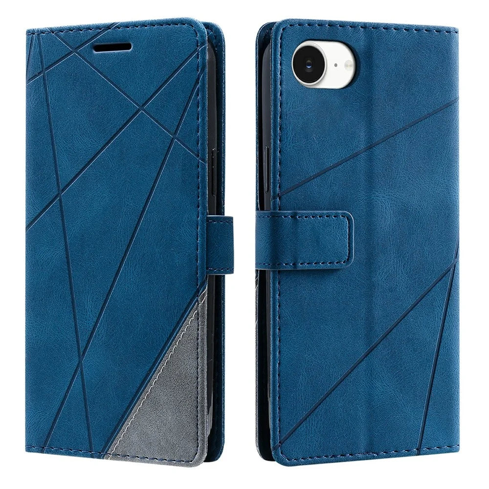 For iPhone 17e / 16e Case Imprinted Lines PU Leather Splicing Wallet Phone Cover - Blue - 1