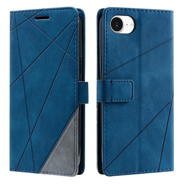 For iPhone 17e / 16e Case Imprinted Lines PU Leather Splicing Wallet Phone Cover - Blue - 1