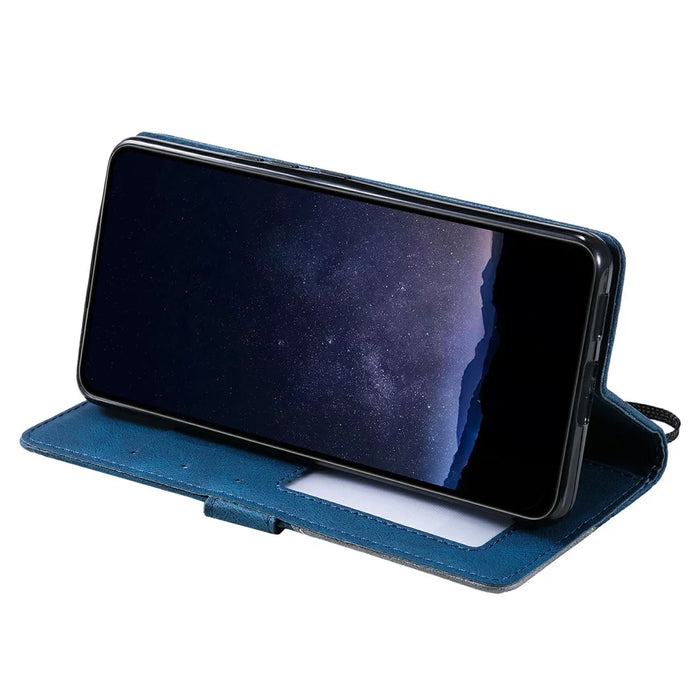 For iPhone 17e / 16e Case Imprinted Lines PU Leather Splicing Wallet Phone Cover - Blue - 3