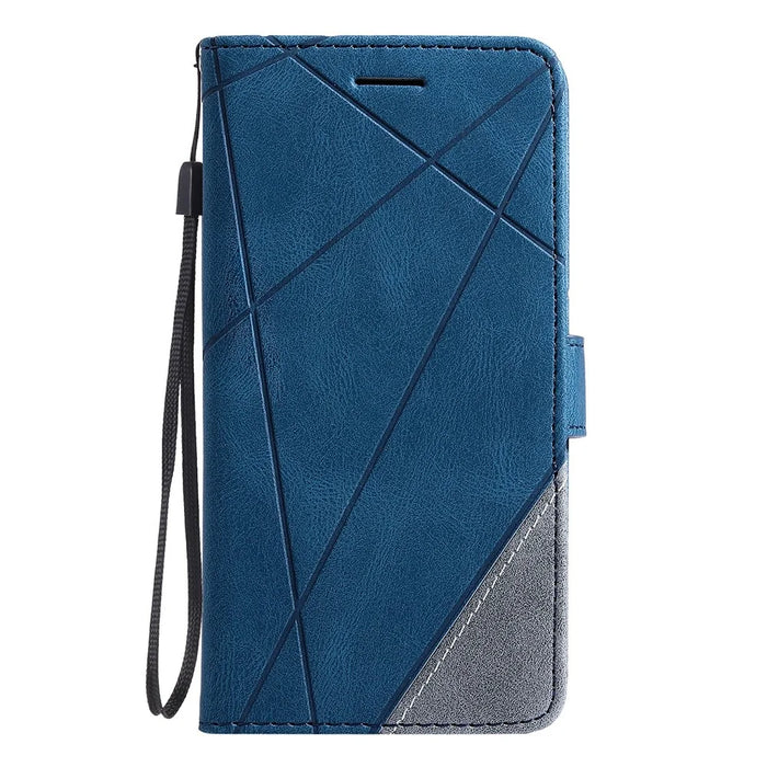 For iPhone 17e / 16e Case Imprinted Lines PU Leather Splicing Wallet Phone Cover - Blue - 7