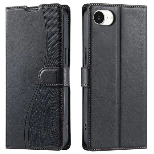 For iPhone 17e / 16e Case Dots Imprinted PU Leather Flip Phone Cover with Card Slot, Strap - Black - 1