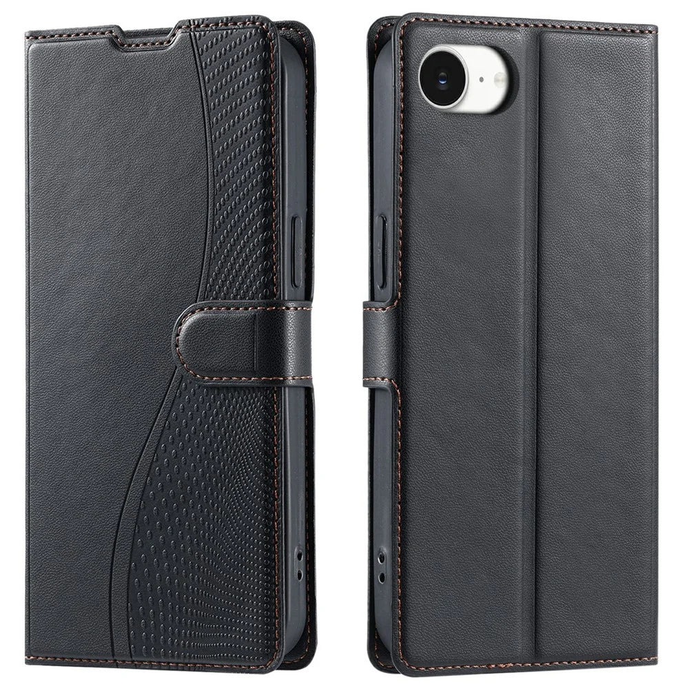 For iPhone 17e / 16e Case Dots Imprinted PU Leather Flip Phone Cover with Card Slot, Strap - Black - 1