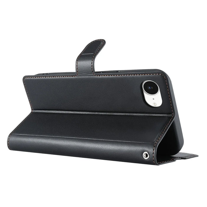 For iPhone 17e / 16e Case Dots Imprinted PU Leather Flip Phone Cover with Card Slot, Strap - Black - 4