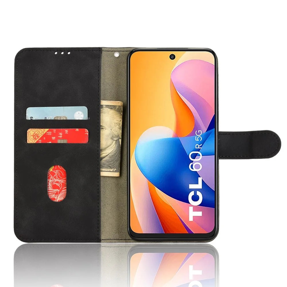For TCL 60R 5G Leather Case Skin Feel Anti Drop Wallet Flip Phone Cover - Black - 3
