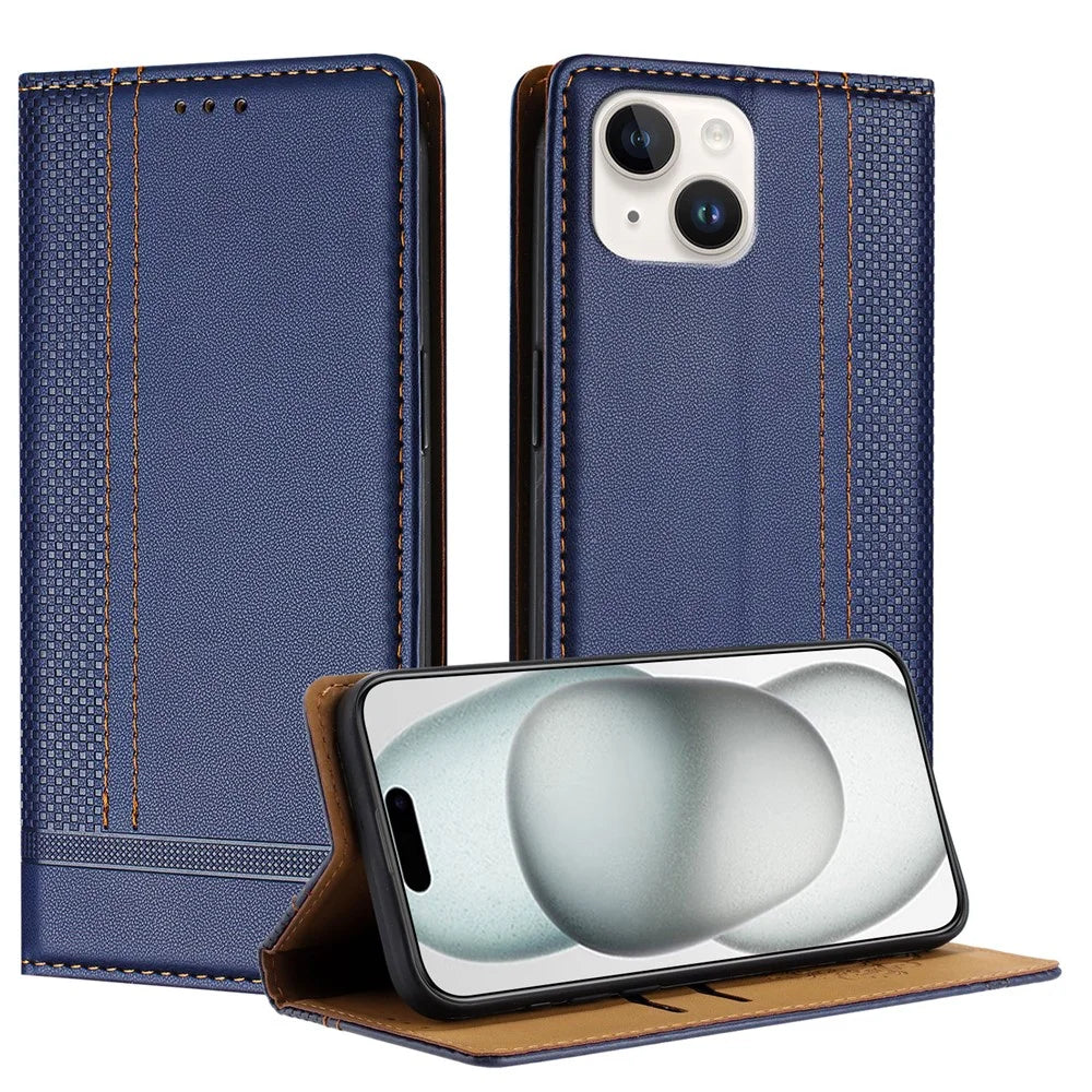 For iPhone 15 Case L-Shaped Grid Pattern Leather Stand Phone Cover with Card Slots - Blue - 1