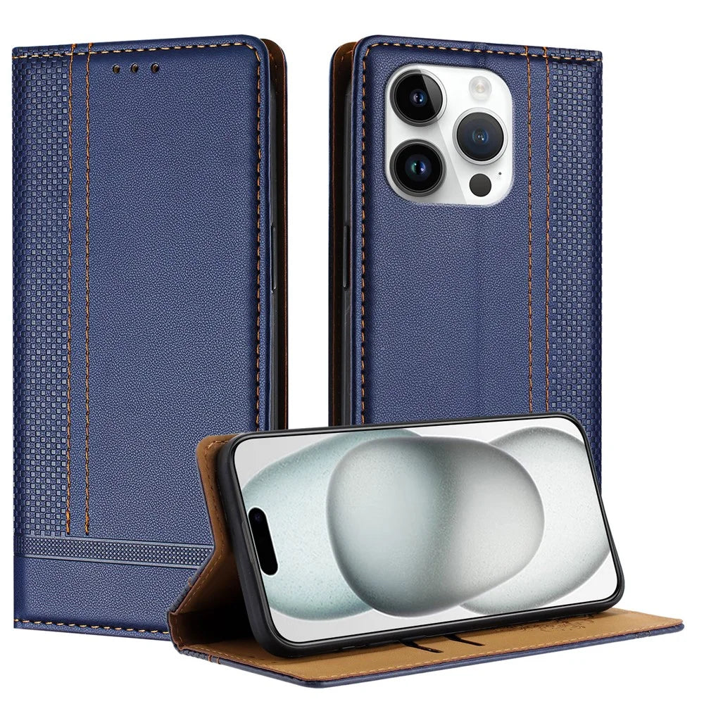 For iPhone 15 Pro Case L-Shaped Grid Pattern Leather Stand Phone Cover with Card Slots - Blue - 1