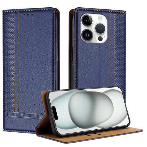 For iPhone 15 Pro Case L-Shaped Grid Pattern Leather Stand Phone Cover with Card Slots - Blue - 1