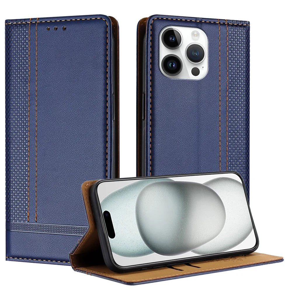 For iPhone 15 Pro Max Case L-Shaped Grid Pattern Leather Stand Phone Cover with Card Slots - Blue - 1