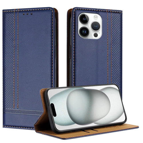 For iPhone 15 Pro Max Case L-Shaped Grid Pattern Leather Stand Phone Cover with Card Slots - Blue - 1