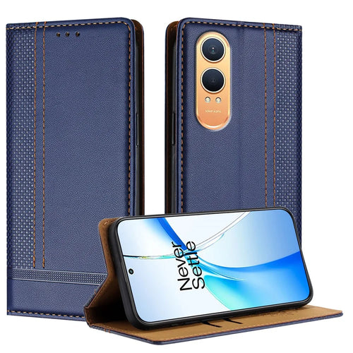 For OnePlus Nord CE4 Lite 5G Case L-Shaped Grid Pattern Leather Stand Phone Cover with Card Slots - Blue - 1
