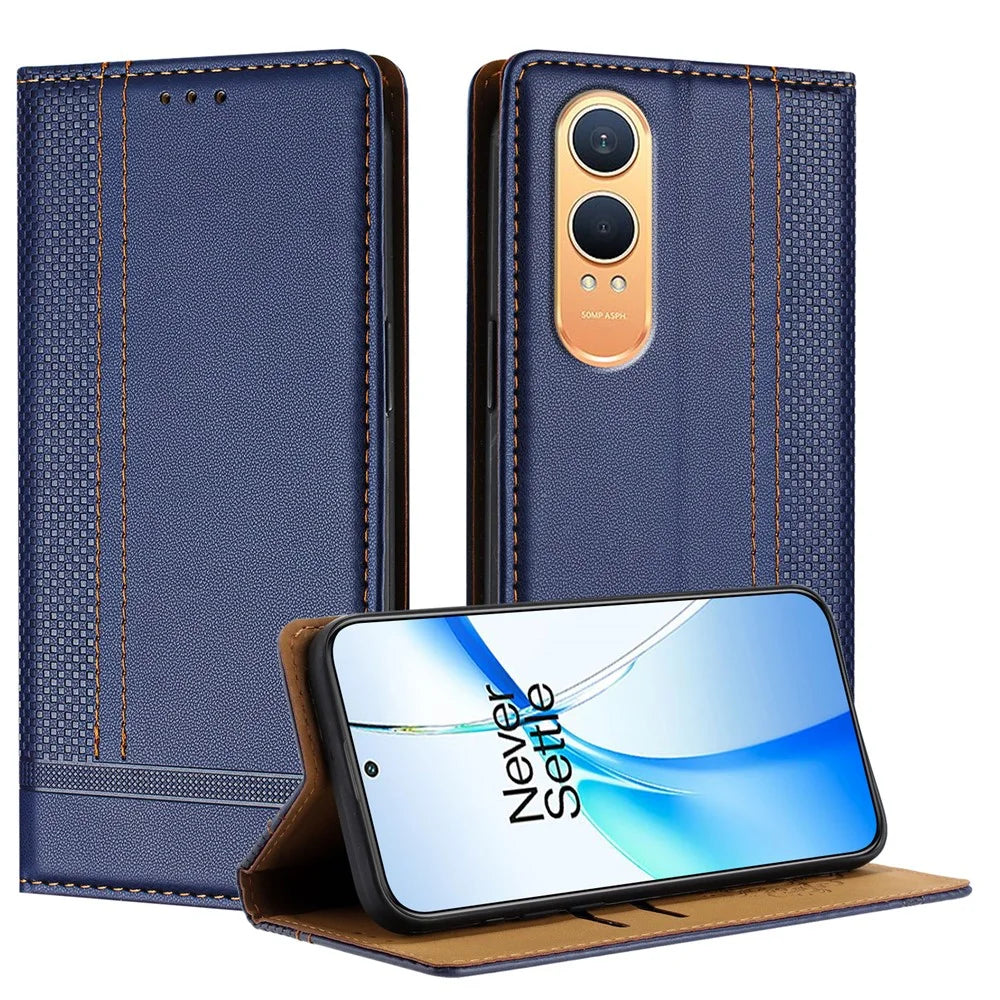 For OnePlus Nord CE4 Lite 5G Case L-Shaped Grid Pattern Leather Stand Phone Cover with Card Slots - Blue - 1