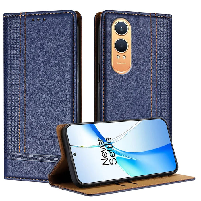 For OnePlus Nord CE4 Lite 5G Case L-Shaped Grid Pattern Leather Stand Phone Cover with Card Slots - Blue - 1