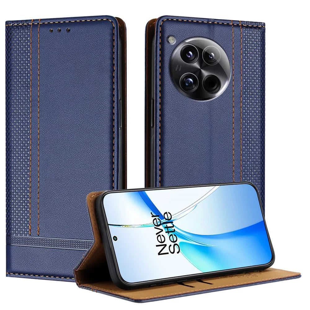 For OnePlus 12 5G Case L-Shaped Grid Pattern Leather Stand Phone Cover with Card Slots - Blue - 1
