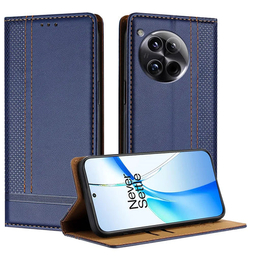 For OnePlus 12 5G Case L-Shaped Grid Pattern Leather Stand Phone Cover with Card Slots - Blue - 1