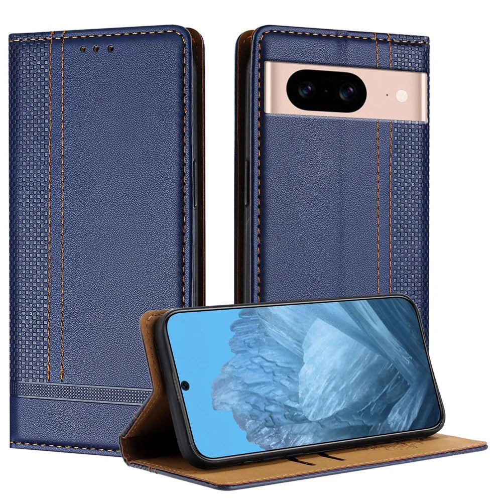 For Google Pixel 8a Case L-Shaped Grid Pattern Leather Stand Phone Cover with Card Slots - Blue - 1