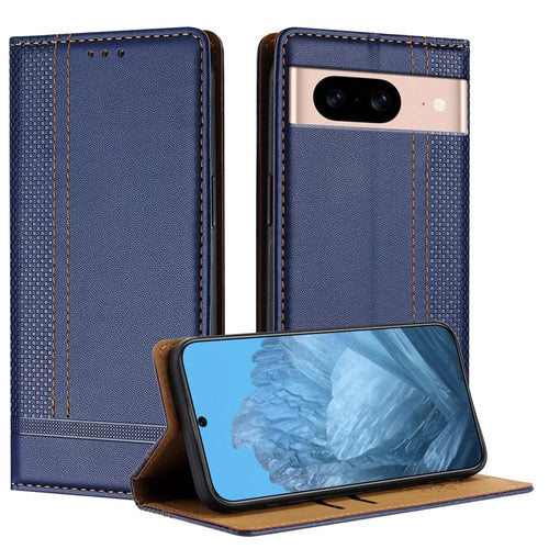 For Google Pixel 8a Case L-Shaped Grid Pattern Leather Stand Phone Cover with Card Slots - Blue - 1