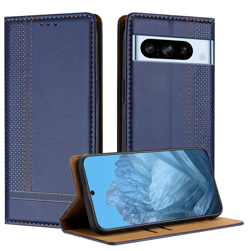 For Google Pixel 8 Pro Case L-Shaped Grid Pattern Leather Stand Phone Cover with Card Slots - Blue - 1