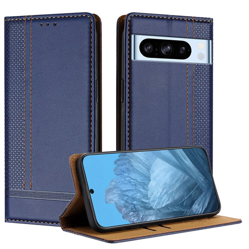 For Google Pixel 8 Pro Case L-Shaped Grid Pattern Leather Stand Phone Cover with Card Slots - Blue - 1