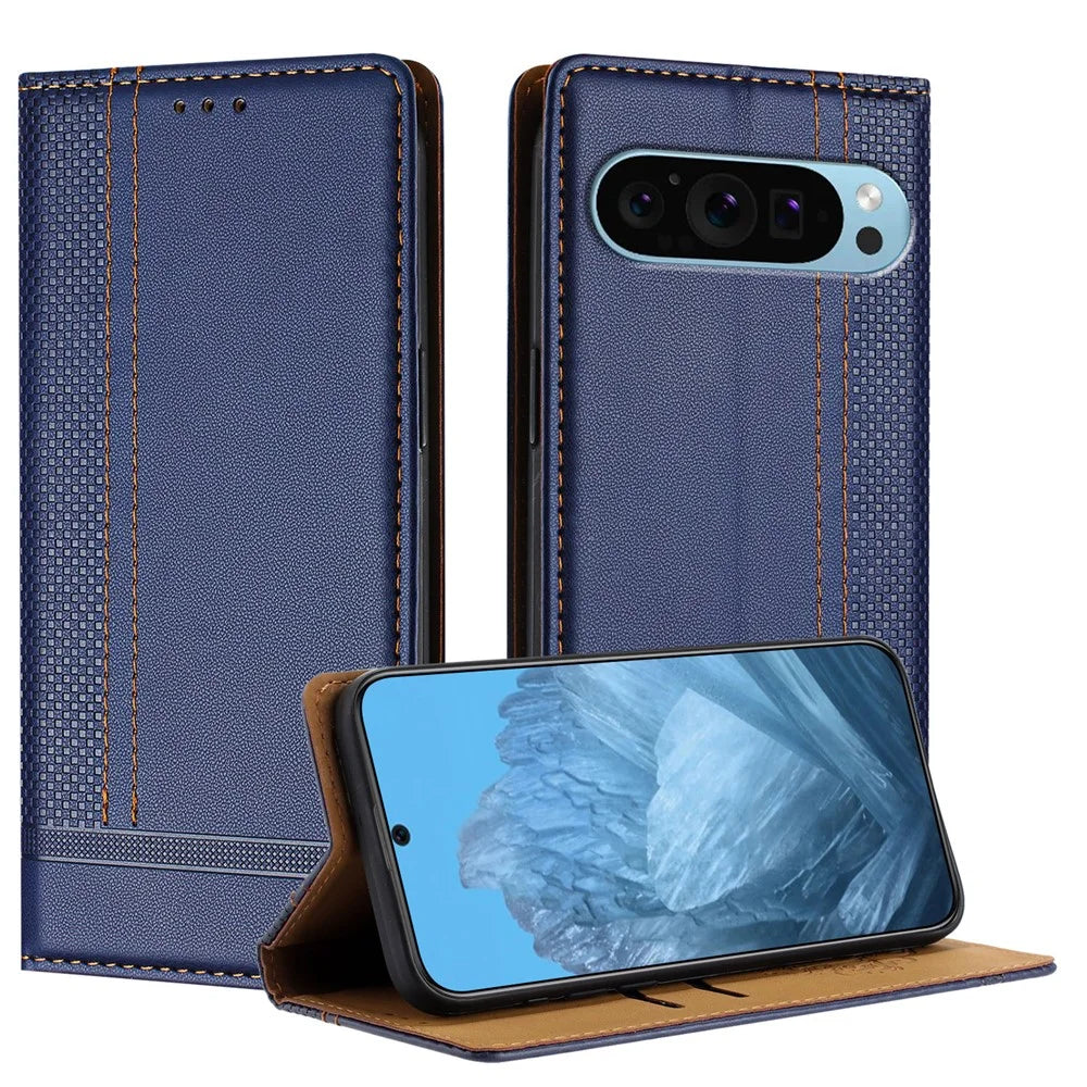 For Google Pixel 9 Case L-Shaped Grid Pattern Leather Stand Phone Cover with Card Slots - Blue - 1