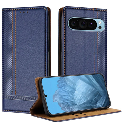 For Google Pixel 9 Case L-Shaped Grid Pattern Leather Stand Phone Cover with Card Slots - Blue - 1