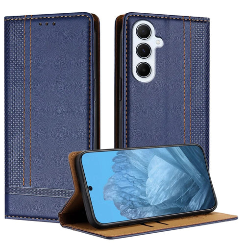 For Samsung Galaxy A26 5G Case L-Shaped Grid Pattern Leather Stand Phone Cover with Card Slots - Blue - 1