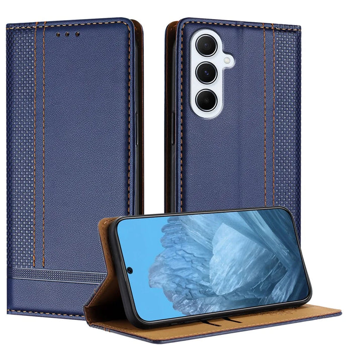 For Samsung Galaxy A26 5G Case L-Shaped Grid Pattern Leather Stand Phone Cover with Card Slots - Blue - 1