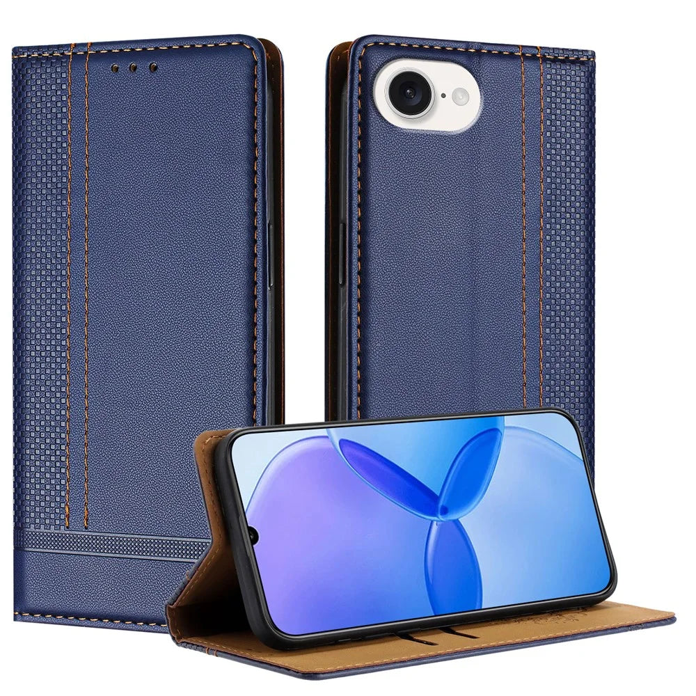 For iPhone 17e / 16e Case L-Shaped Grid Pattern Leather Stand Phone Cover with Card Slots - Blue - 1