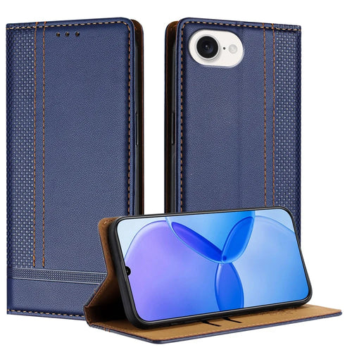 For iPhone 17e / 16e Case L-Shaped Grid Pattern Leather Stand Phone Cover with Card Slots - Blue - 1