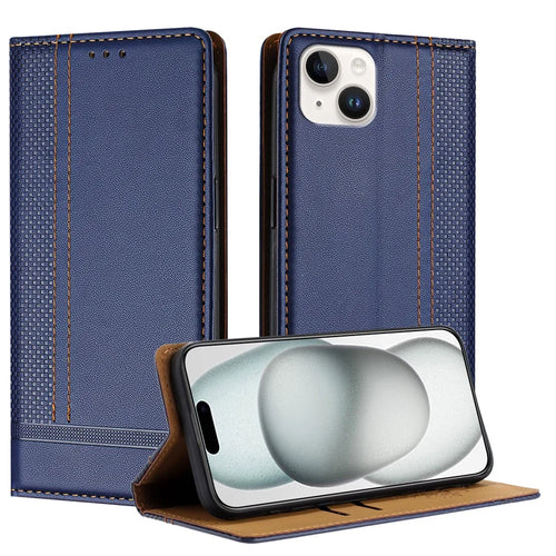 For iPhone 15 Plus Case L-Shaped Grid Pattern Leather Stand Phone Cover with Card Slots - Blue - 1