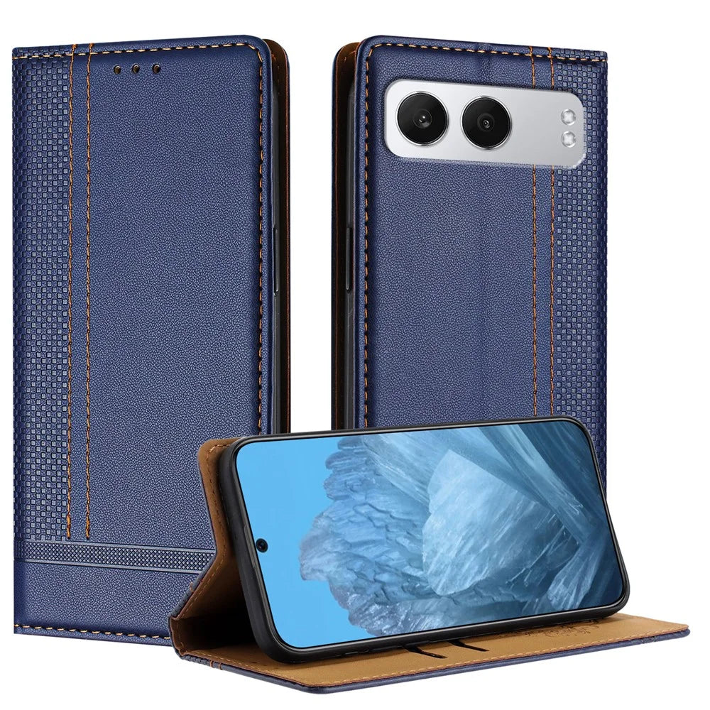 For OnePlus Nord 4 Case L-Shaped Grid Pattern Leather Stand Phone Cover with Card Slots - Blue - 1