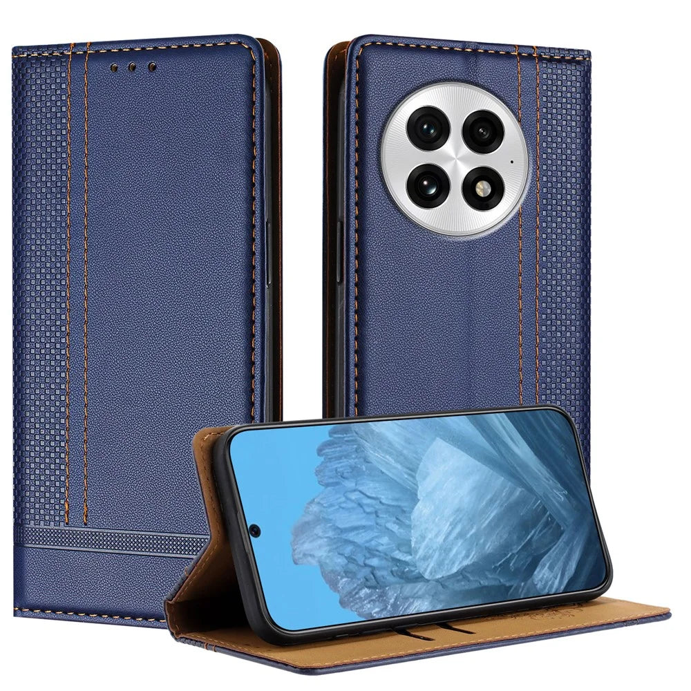 For OnePlus 13 Case L-Shaped Grid Pattern Leather Stand Phone Cover with Card Slots - Blue - 1