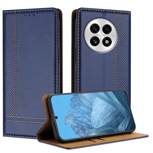 For OnePlus 13 Case L-Shaped Grid Pattern Leather Stand Phone Cover with Card Slots - Blue - 1