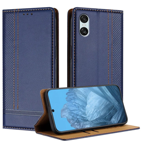 For Sony Xperia 10 VI Case L-Shaped Grid Pattern Leather Stand Phone Cover with Card Slots - Blue - 1