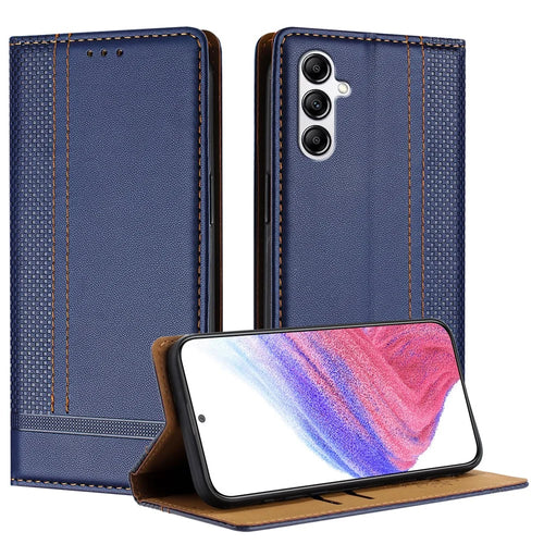 For Samsung Galaxy A14 5G Case L-Shaped Grid Pattern Leather Stand Phone Cover with Card Slots - Blue - 1