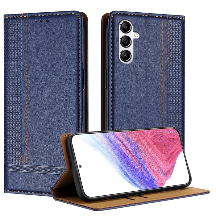 For Samsung Galaxy A14 5G Case L-Shaped Grid Pattern Leather Stand Phone Cover with Card Slots - Blue - 1
