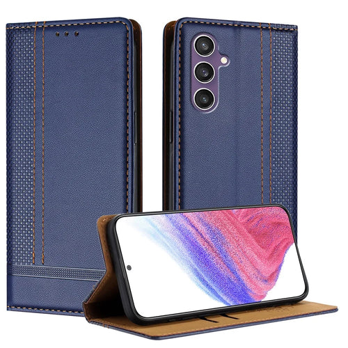 For Samsung Galaxy S23 FE Case L-Shaped Grid Pattern Leather Stand Phone Cover with Card Slots - Blue - 1