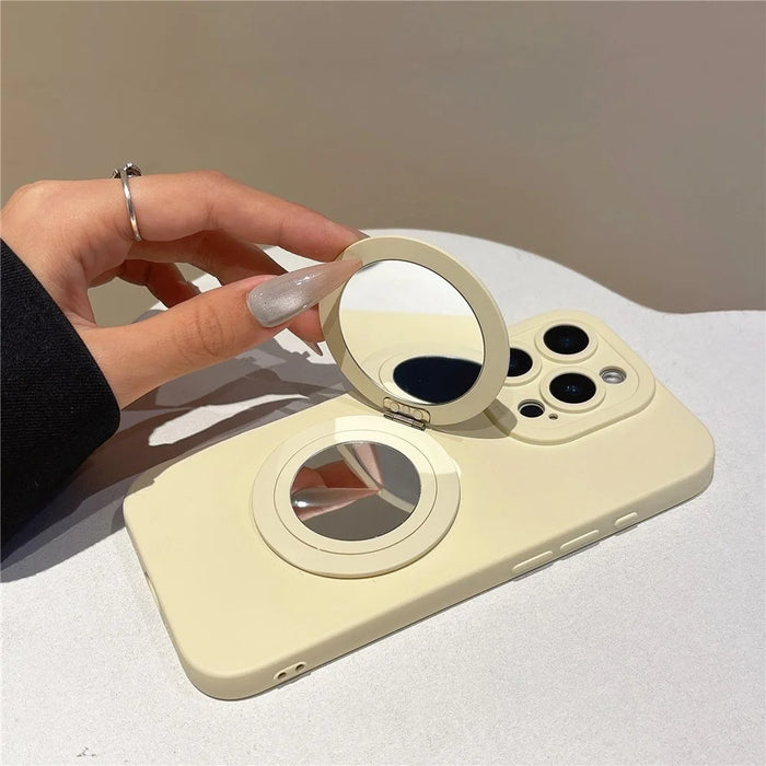 For iPhone 16 Pro Max Case Straight Edge Protection TPU  + PC Phone Cover with Mirror Kickstand - White - 3