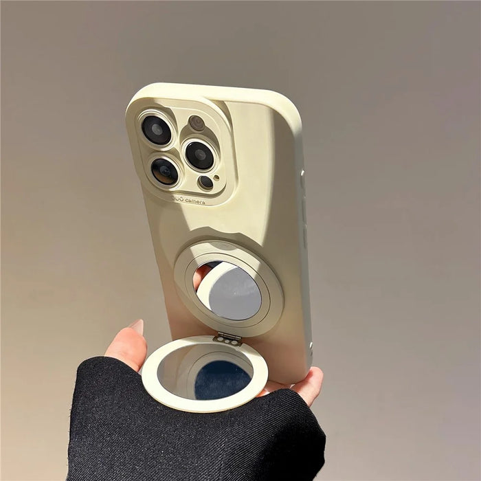 For iPhone 16 Pro Max Case Straight Edge Protection TPU  + PC Phone Cover with Mirror Kickstand - White - 4