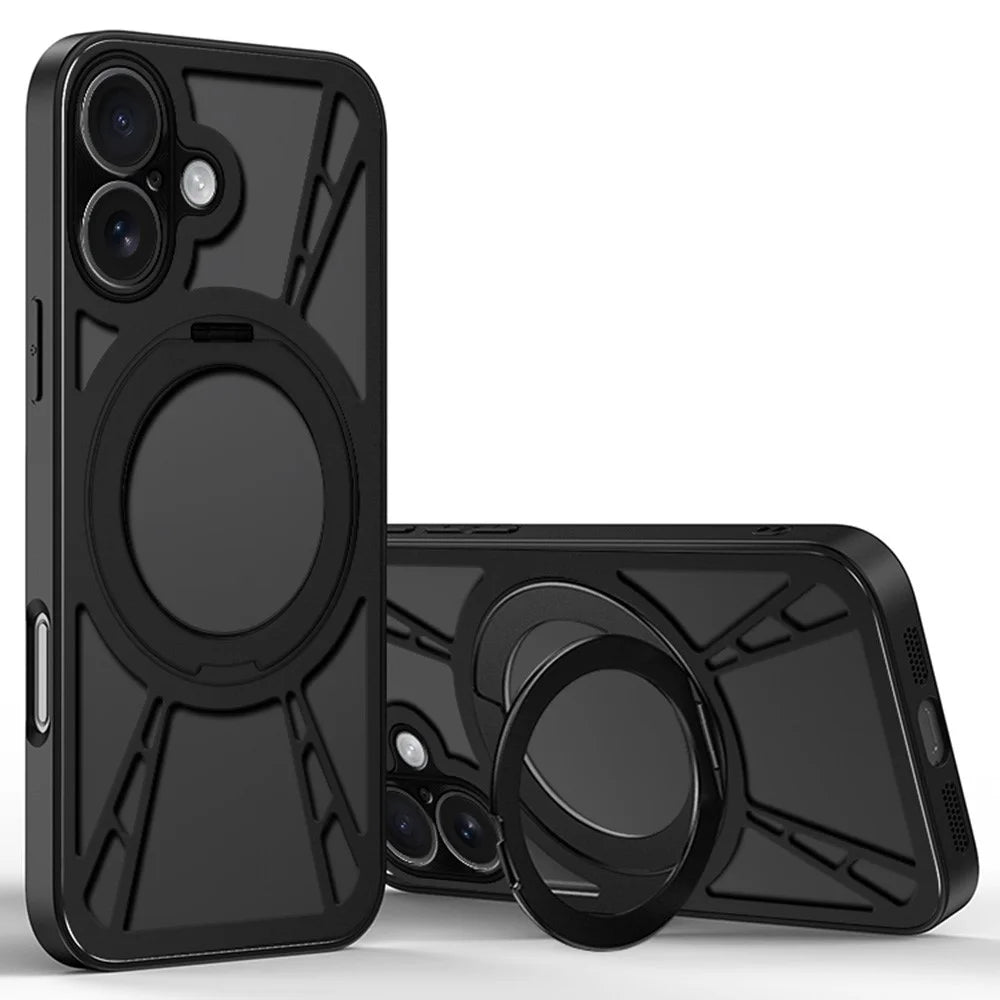 For iPhone 16 Case Magnetic Kickstand Hollow Heat Dissipation Silicone + PC + Metal Bumper Phone Cover - Black - 1