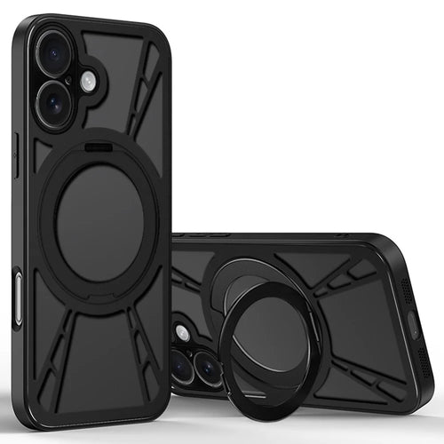 For iPhone 16 Case Magnetic Kickstand Hollow Heat Dissipation Silicone + PC + Metal Bumper Phone Cover - Black - 1