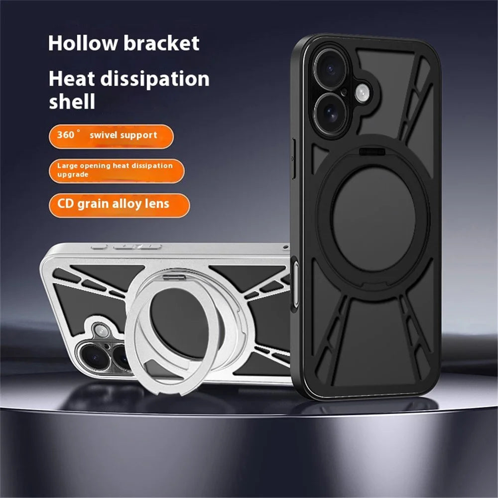For iPhone 16 Case Magnetic Kickstand Hollow Heat Dissipation Silicone + PC + Metal Bumper Phone Cover - Black - 2