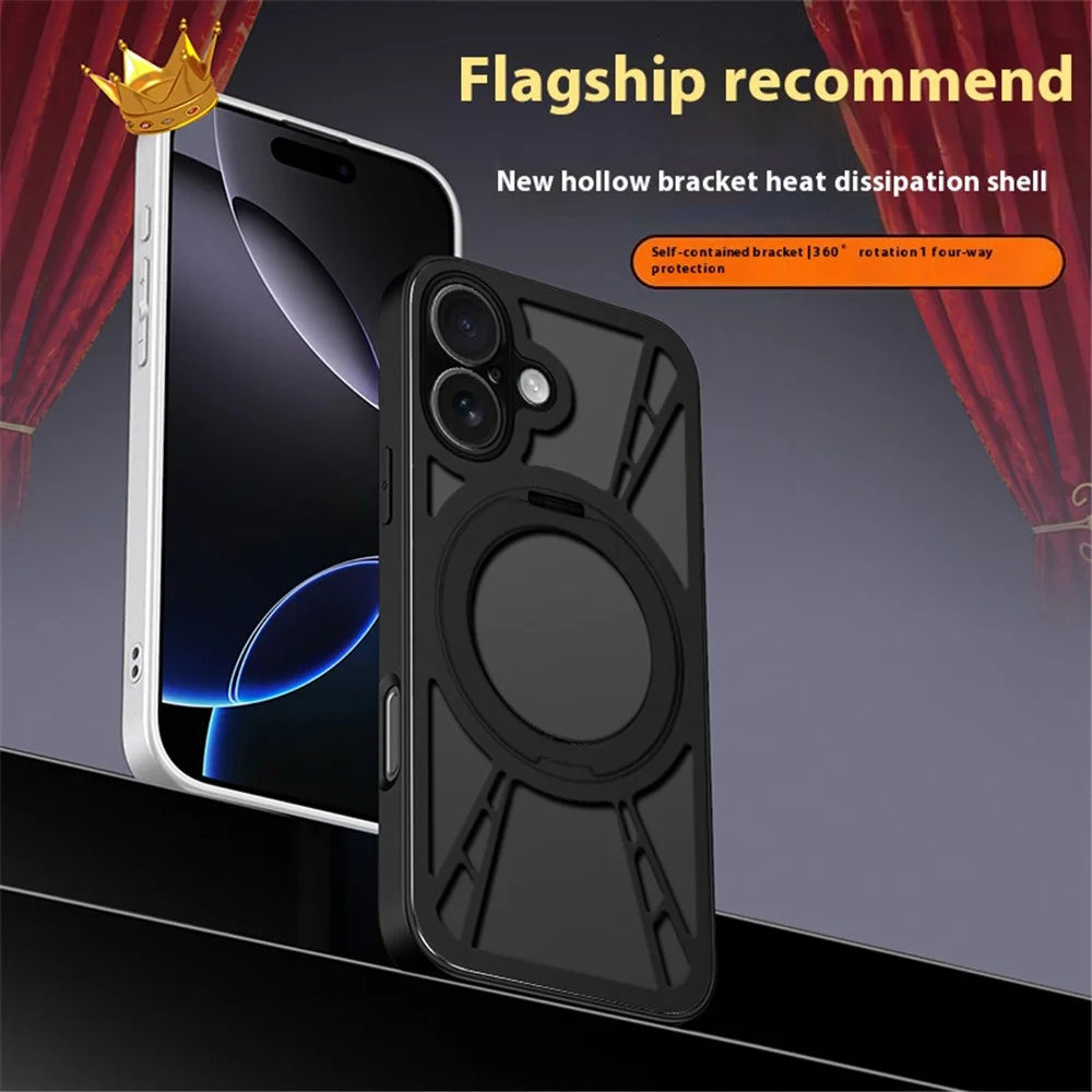 For iPhone 16 Case Magnetic Kickstand Hollow Heat Dissipation Silicone + PC + Metal Bumper Phone Cover - Black - 3