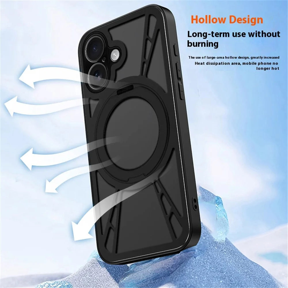For iPhone 16 Case Magnetic Kickstand Hollow Heat Dissipation Silicone + PC + Metal Bumper Phone Cover - Black - 5