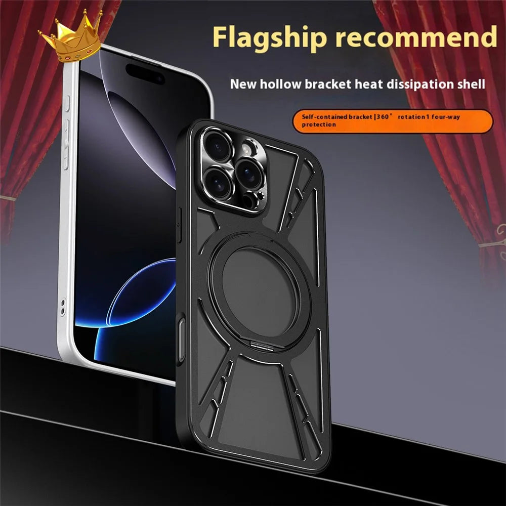 For iPhone 16 Pro Case Magnetic Kickstand Hollow Heat Dissipation Silicone + PC + Metal Bumper Phone Cover - Black - 3